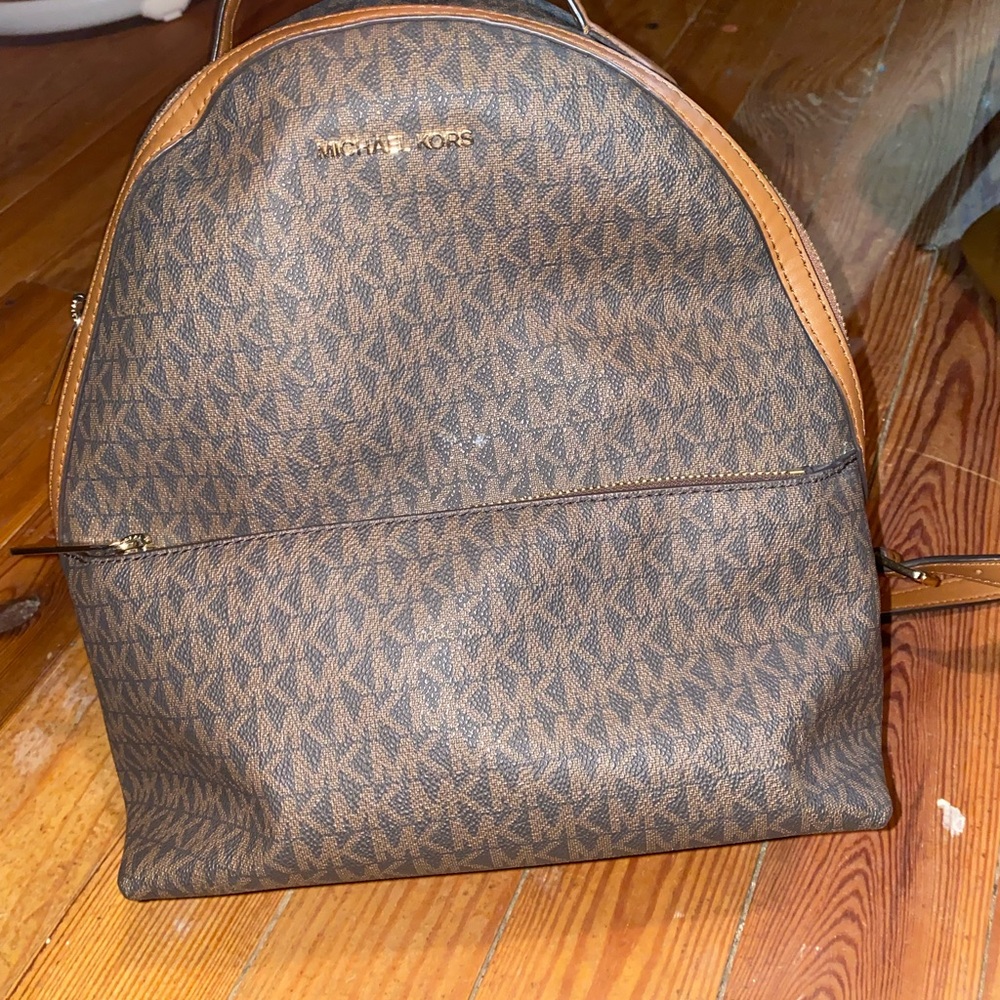Michael Kors Brown MK Monogram Backpack with Tan Trim
